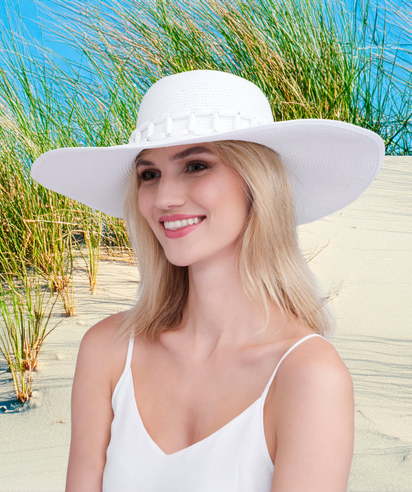 Tulum - White Wide Brim Hat with Tonal Beading