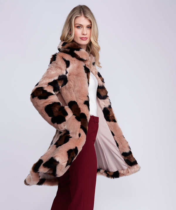 Valentina - Cappotto in pelliccia sintetica con stampa animalier color cammello