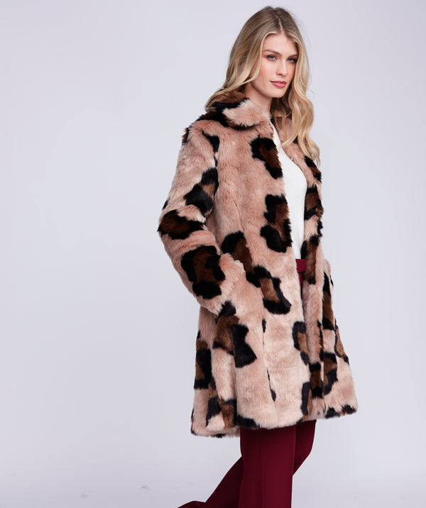 Valentina - Cappotto in pelliccia sintetica con stampa animalier color cammello