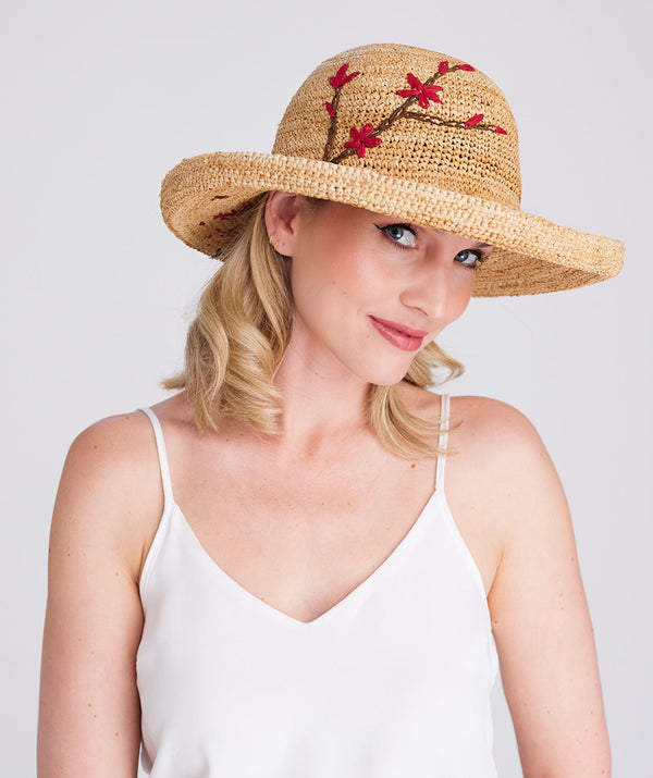 Vanessa - Natural Raffia -Hut mit emroiderter Verzierung