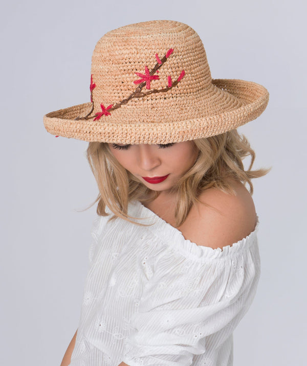Vanessa - Natural Raffia -Hut mit emroiderter Verzierung