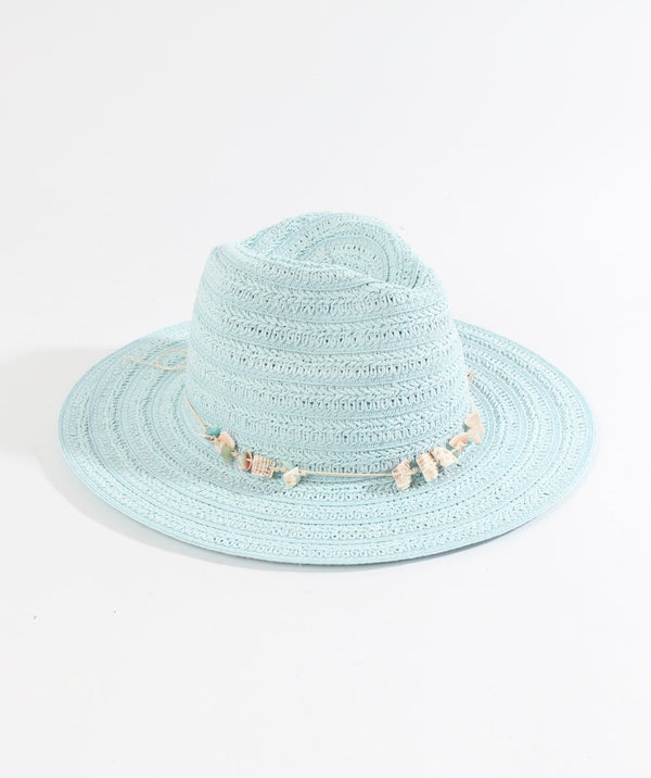 Turquoise Paper Straw Fedora Hat with Shell Bead Embellishment