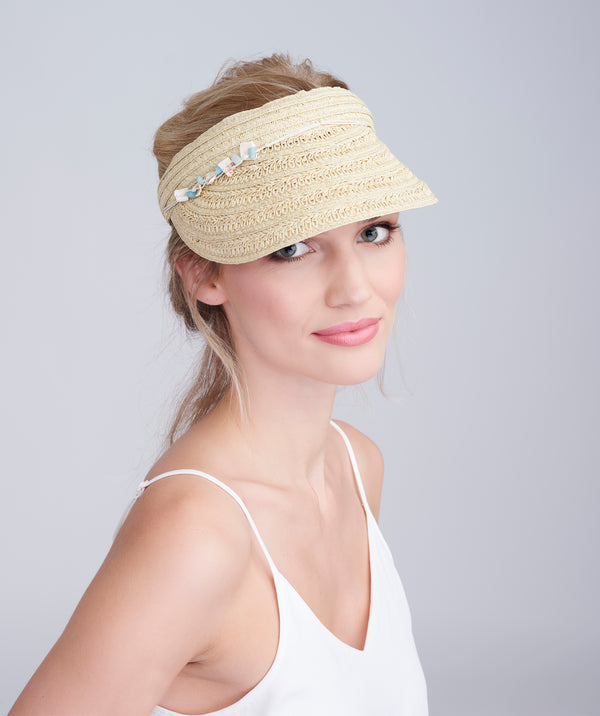 Natural Straw Visor with Shell Bead Embellishment