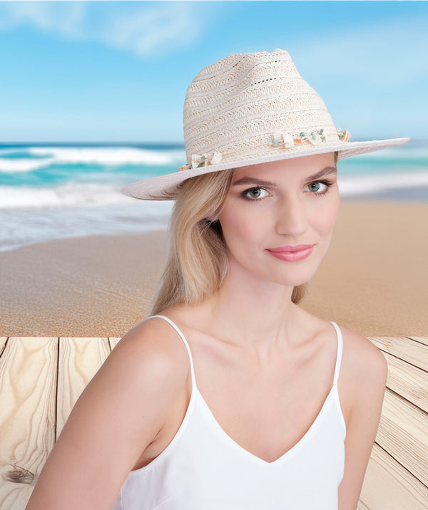 Vera - Blush Pink Straw Fedora Hat with Shell Beading