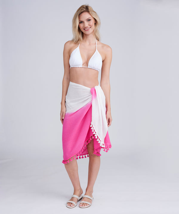 Fuchsia Full Size Tie-Dye Sarong with Pom-Pom Edging