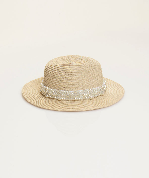 Natural Straw Fedora Hat met Pearl Trim