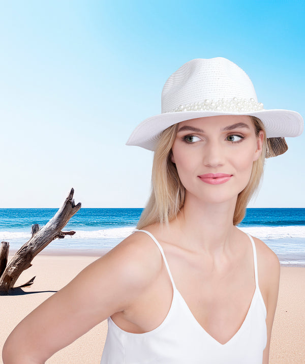 Veridad - Sombrero natural de paja con adornos perlas