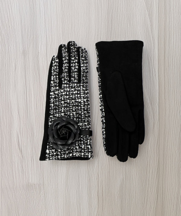 Vicki - Gants embellis floraux noirs/blancs