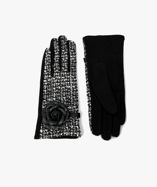 Vicki - Black/White Floral Embellished Gloves