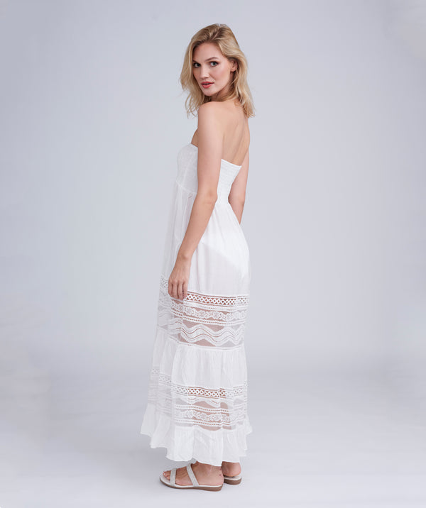 White Silky Maxi Dress with Empire Waist and Lace Details