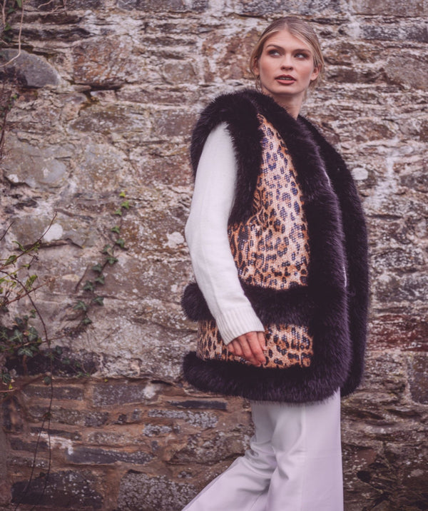 Genevieve - Animal Print Gilet with Faux Fur Trim