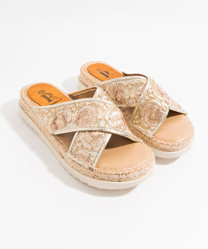 Gold Embroidered Flatform Espadrilles with Crochet-Effect Toe