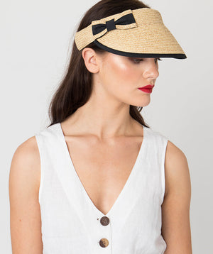 Natural/Black Straw Sun Visor with Bow Detail and Elasticated Band