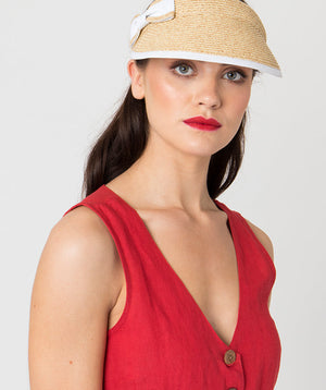 Natural Straw Sun Visor with White Fabric Trim and Bow Detail