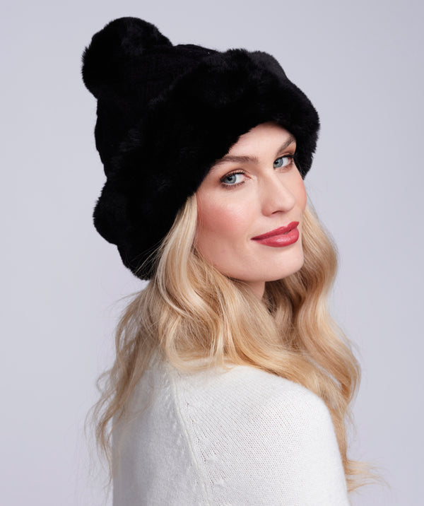 Black Cable Knit Hat with Faux Fur Brim and Pom Pom