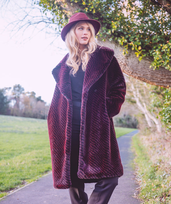Marilyn - Softly Marled Burgundy 3/4 Length Faux Fur Coat