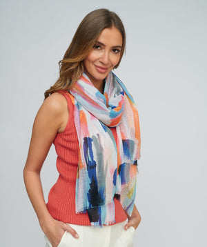 Multi Abstract Monochrome Print Oblong Scarf with Raw Edging