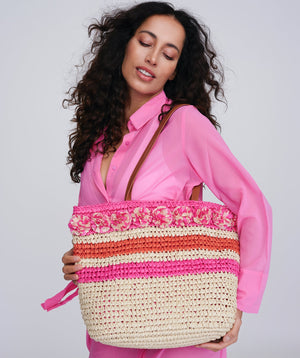 Natural and Pink Striped Tote Bag with Zip Closure and Interior Pockets