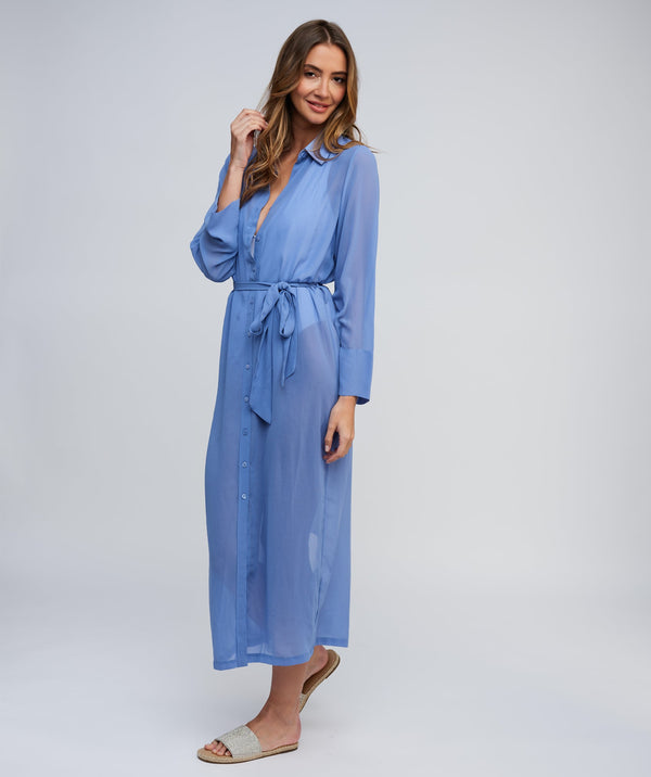 Blue Sheer Shirt Dress with Waist Tie and Button-Front Opening