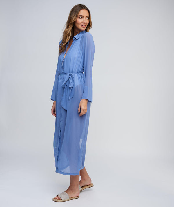 Blue Sheer Shirt Dress with Waist Tie and Button-Front Opening