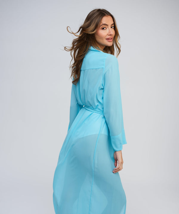 Turquoise Sheer Shirt Dress with Waist Tie