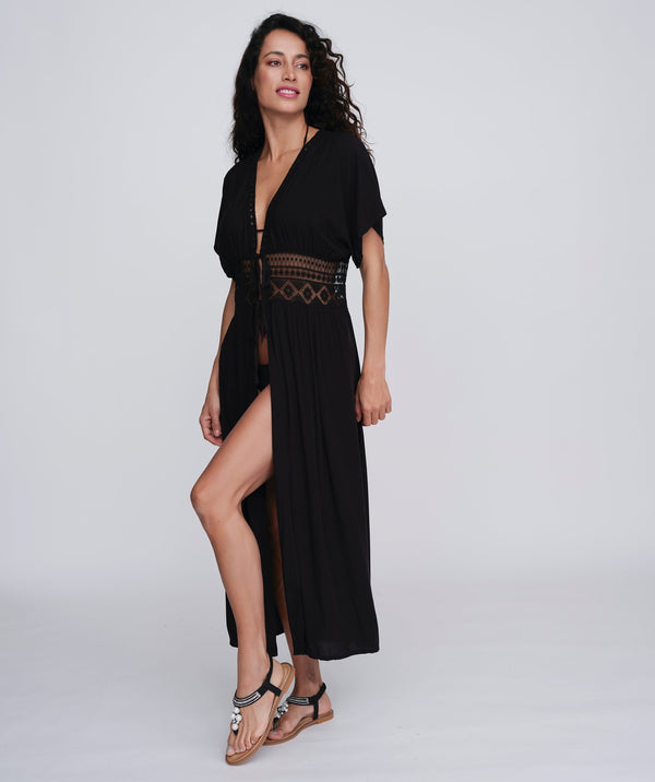 Black Beach Kimono with Cap Sleeves and Lace Insert