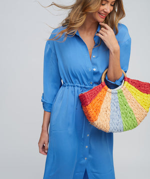 Blue Button-Front Midi Shirt Dress with Tie Waist