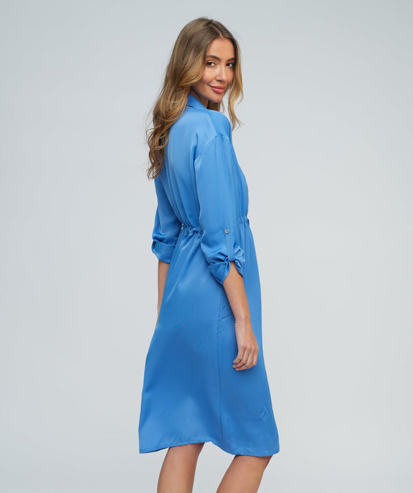 Blue Button-Front Midi Shirt Dress with Tie Waist