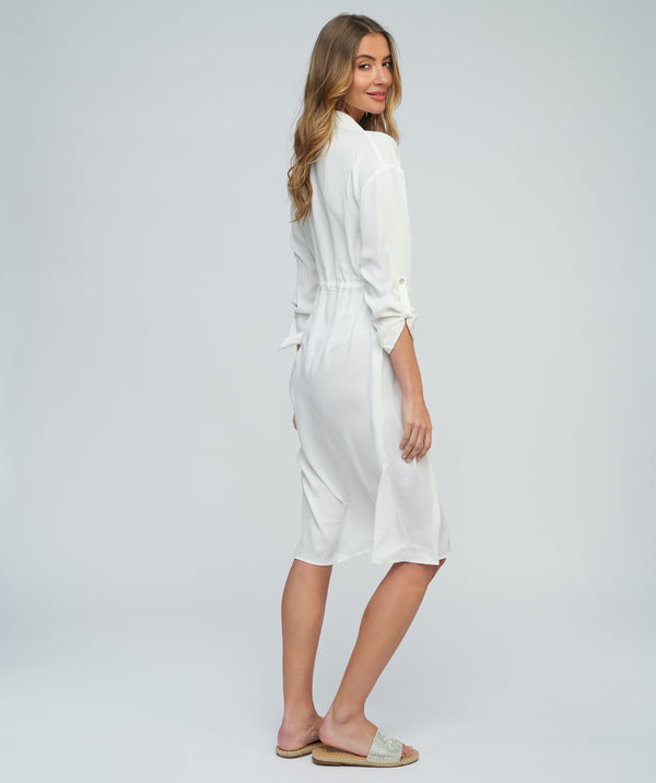 White Midi Shirt Dress with Drawstring Waist and Button-Front Opening