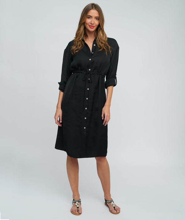 Black Midi Length Shirt Dress with Button Through