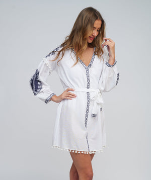 White Cotton Shirt Dress with Navy Embroidery