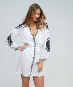 White Black Embroidered Cotton Shirt Dress | Beach Tunics