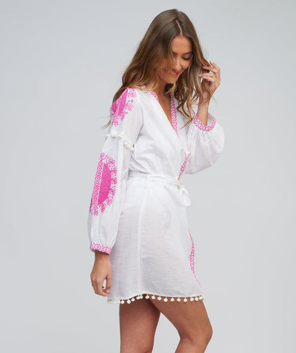 White/Pink Embroidered Cotton Tunic with Long Sleeves and Tassel Detail