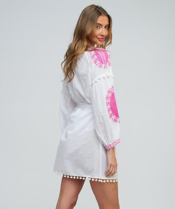 White/Pink Embroidered Cotton Tunic with Long Sleeves and Tassel Detail