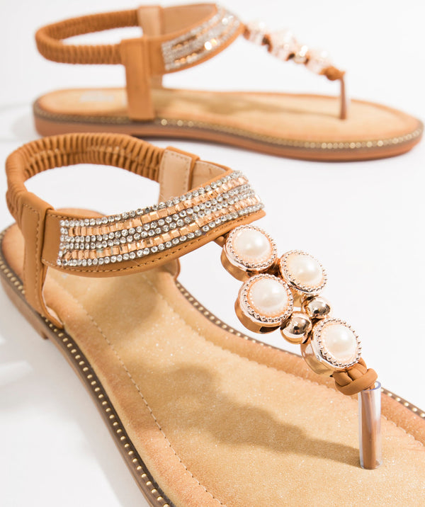 Tan Pearl Embellished Toe Post Sandal with Elasticated Bags