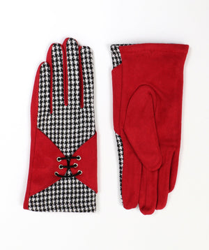 Womens Houndstooth Gloves - Red - Accessories, Amorette, Glove, Red, Winter Accessories