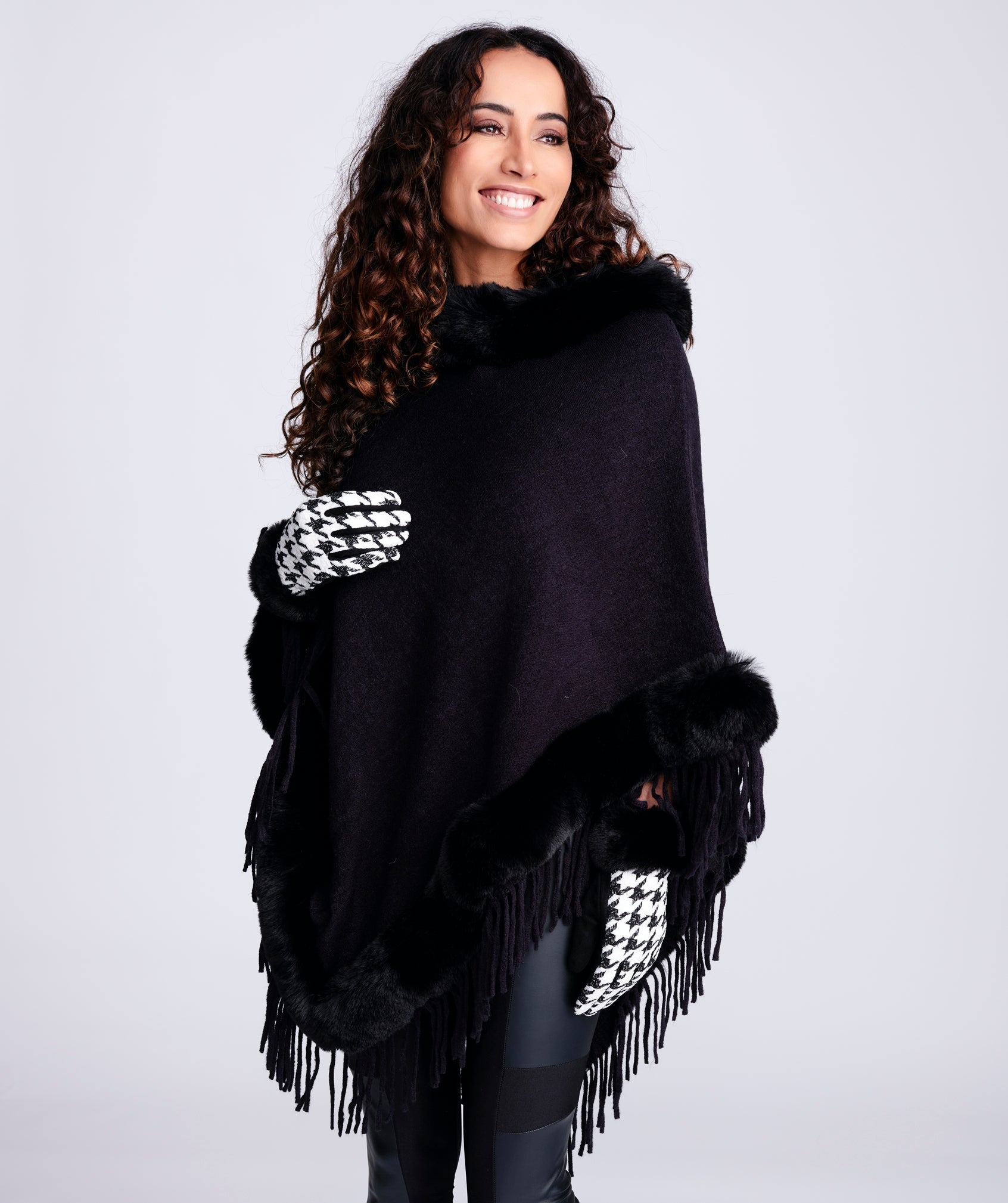 Faux Fur Trimmed Poncho - Black - Angela, Apparel, Black, Faux Fur, Outerwear, Wrap