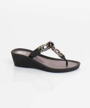 Black Wedged Pool Shoe with Non-Slip Sole and Glamorous Embellishments