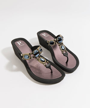 Black Wedged Pool Shoe with Non-Slip Sole and Glamorous Embellishments