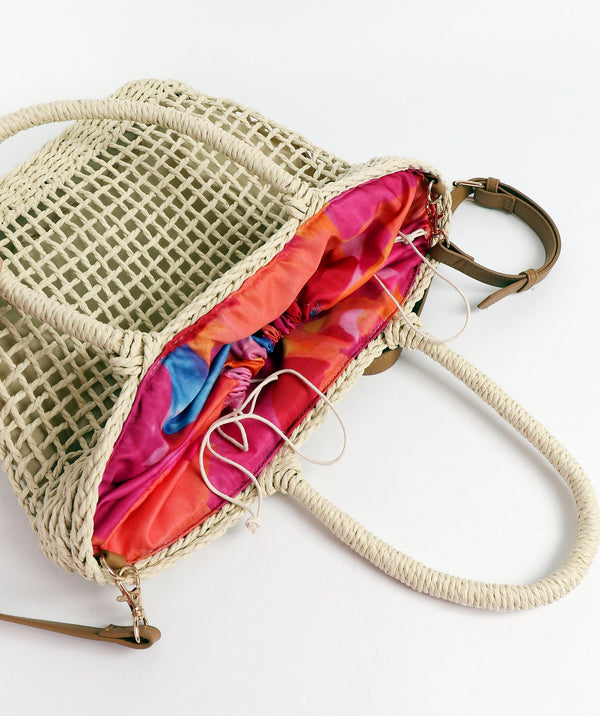 Natural Woven Straw Bag with Rugged Handles and Interior Pockets