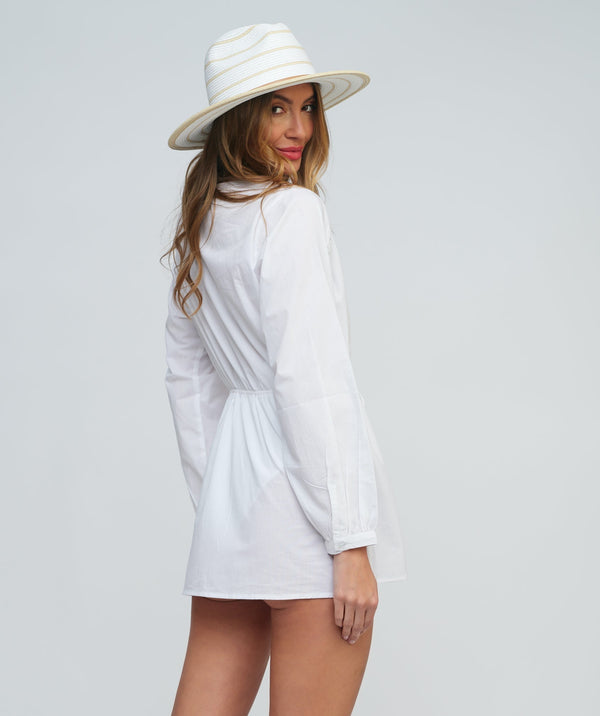 White Cotton Beach Tunic with Fringe Collar and Lace Panels
