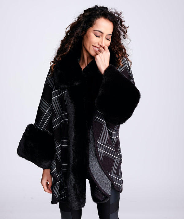 Black Luxury Faux Fur Check Cape