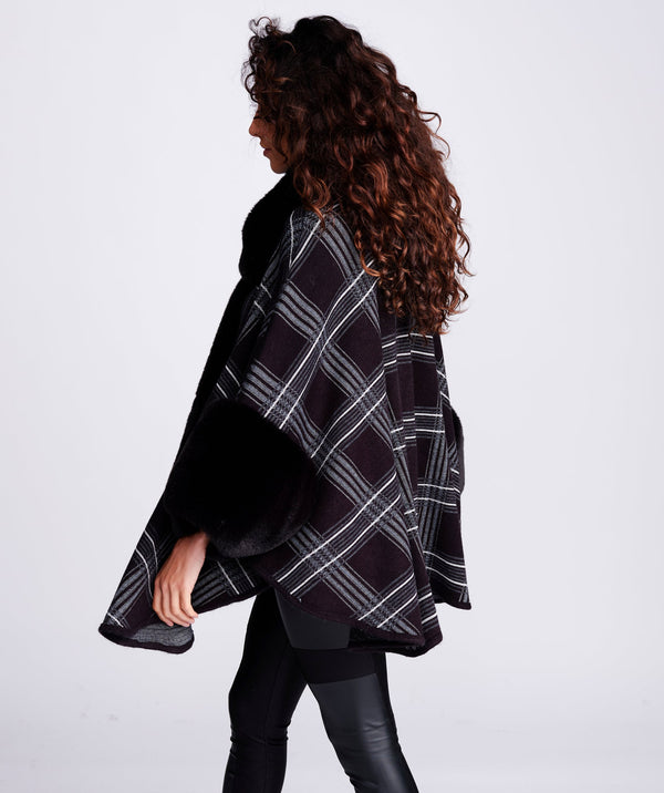 Black Luxury Faux Fur Check Cape