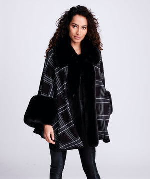 Luxury Faux Fur Check Cape - Black - Apparel, Auburn, Black, Faux Fur, Outerwear, Wrap