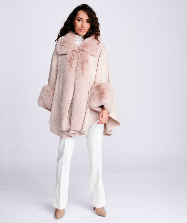 Luxury Faux Fur Check Cape - Blush Pink