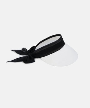 White/Black Straw Visor with Chiffon Tie and Velcro Fastening