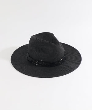 Black Straw Fedora Hat with Sequin Trim and Adjustable Size