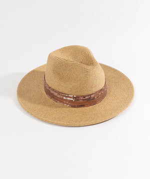 Natural Straw Fedora Hat with Sparkling Sequin Trim