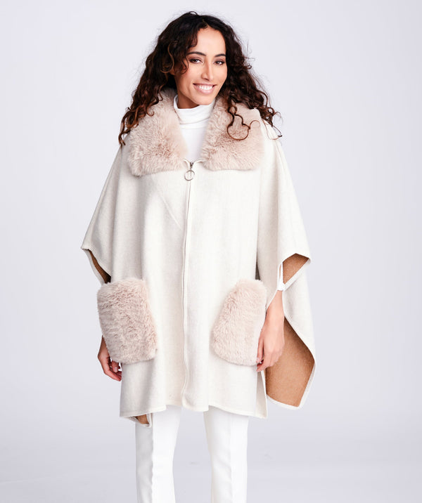 Women`s Faux Fur Trimmed Cape - Cream - Apparel, Austin, Beige, Faux Fur, Outerwear, Wrap