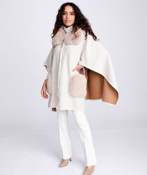 Women`s Faux Fur Trimmed Cape - Cream - Apparel, Austin, Beige, Faux Fur, Outerwear, Wrap